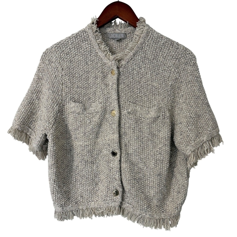J. Crew Cropped Fringe Trim Lady Jacket in Marled Yarn Cream Ivory Size Large